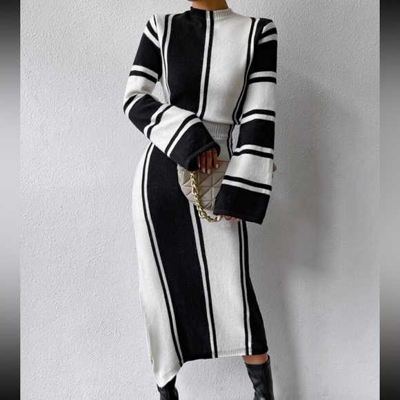 Cozy Striped Pattern Slit Hem Sweater Dress - Picture 4 of 6